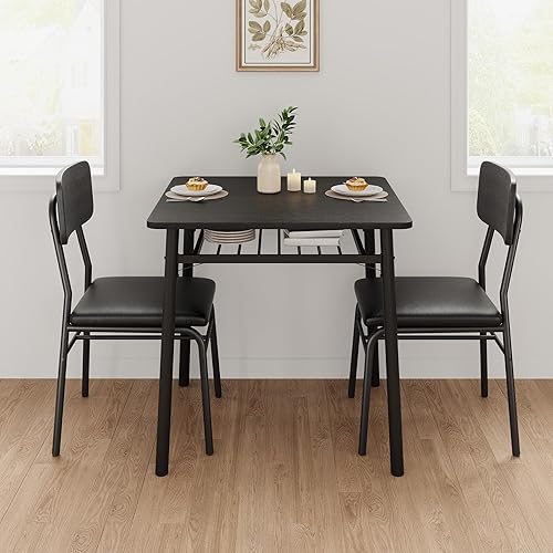 IDEALHOUSE Juego de mesa de comedor de 3 piezas para 2 con estante de almacenamiento, mesa de cocina de madera con juego de 2 sillas tapizadas,