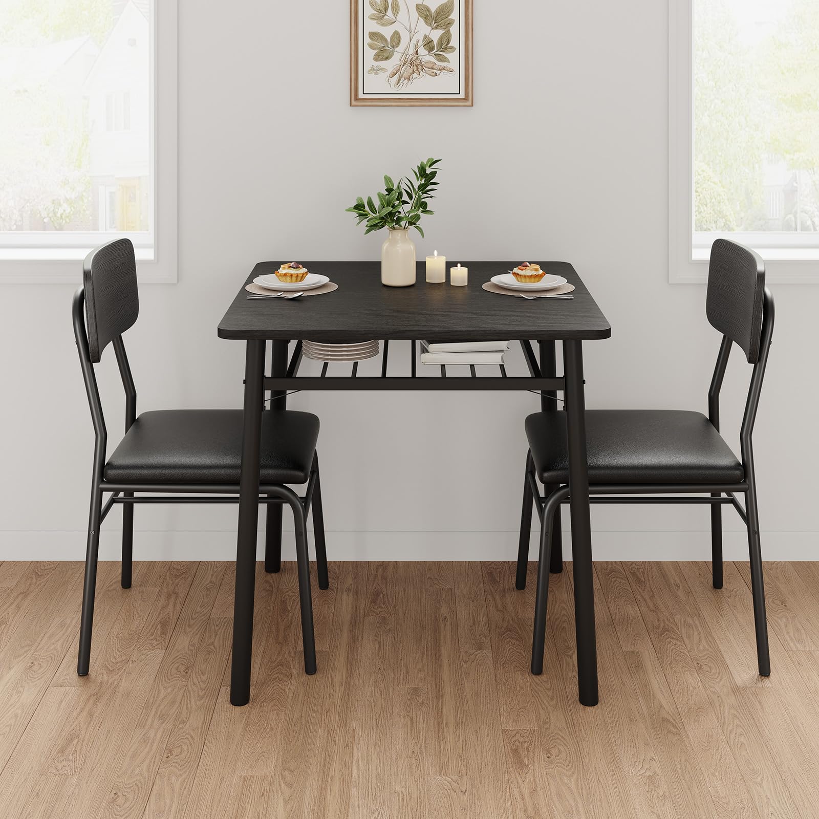 Ensemble Table à Manger avec 2 Chaises, Table de Cuisine, Chaise Rembourré Cuir, Noir