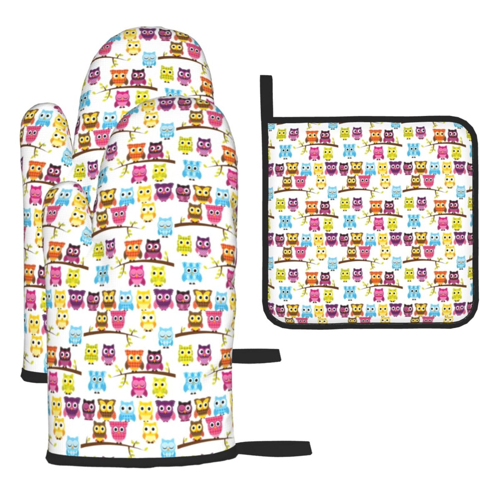 Owls On Tree Branches Print Oven Mitts Kitchen Gloves Set Everyday Baking Grilling Microwaving Cooking Gift