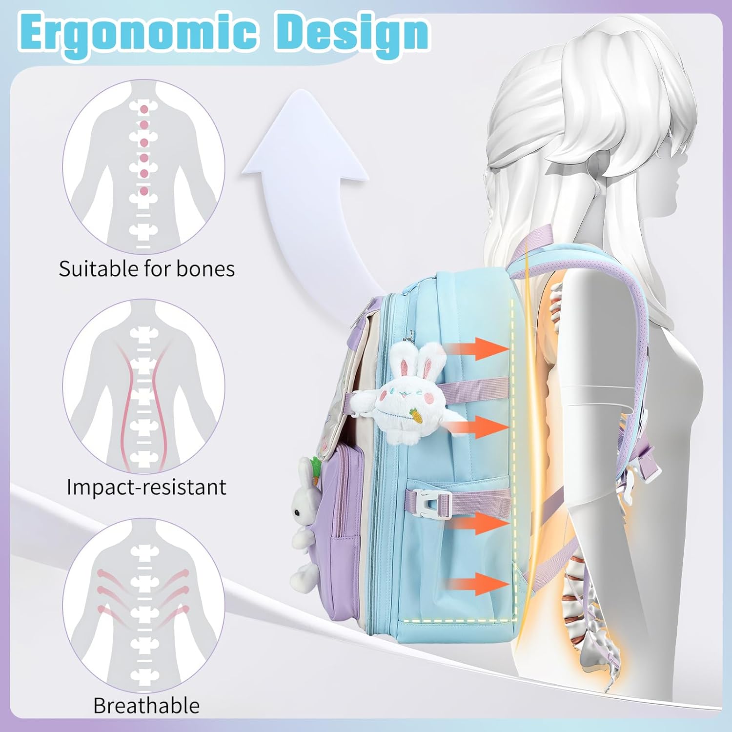 Backpack for Girls Cute Bookbag Set with Lunch Box Pencil Case Kawaii Bunny School Backpacks for Girl 3 Pcs Kindergarten Elementary Preschool Middle Sequin School Bag for Girls (Blue) - Image 6