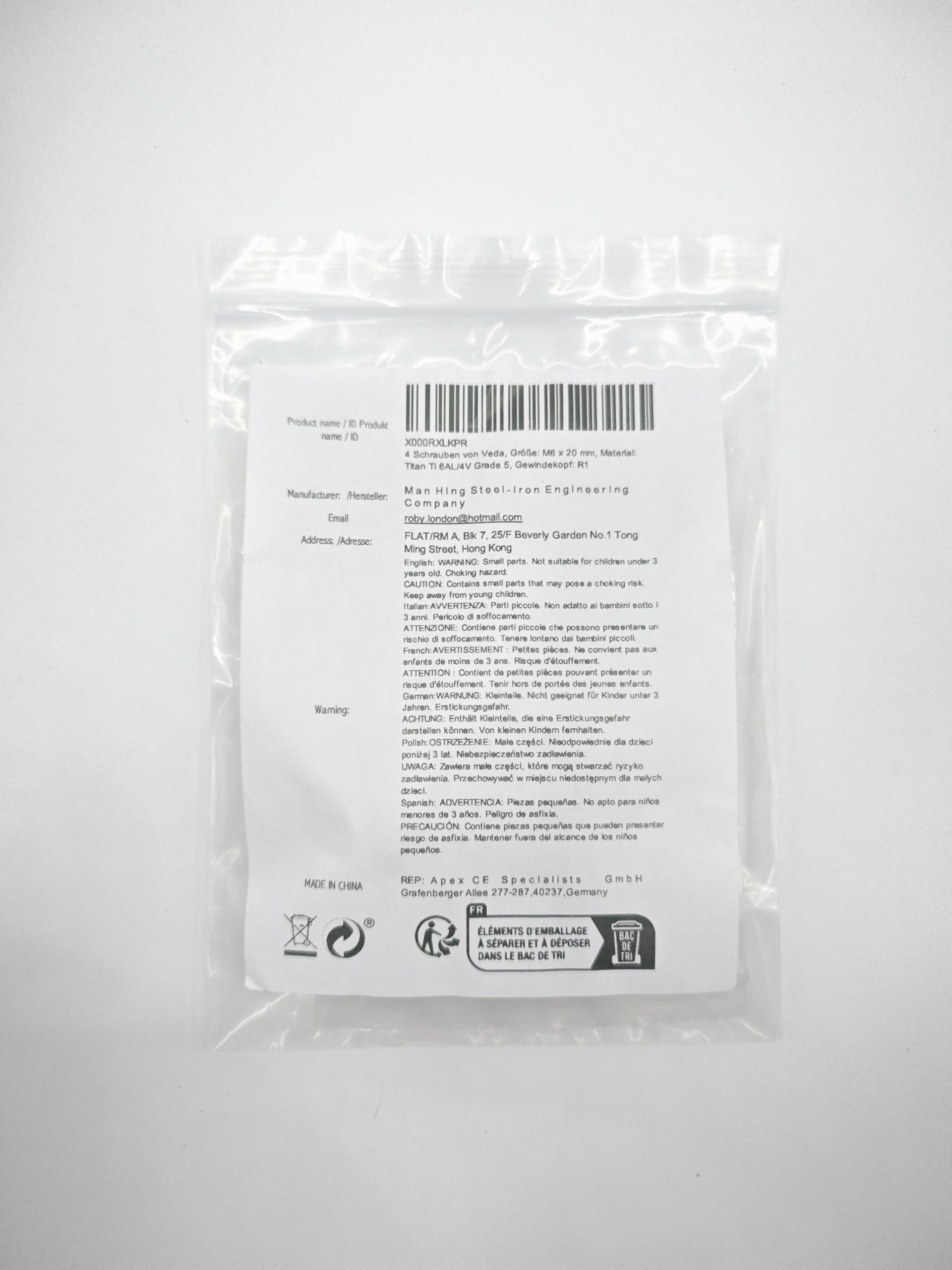 VEDA, bullone vite R1, M6 x 20 mm grado 5, 6 Al, 4 V in titanio (4 pezzi)