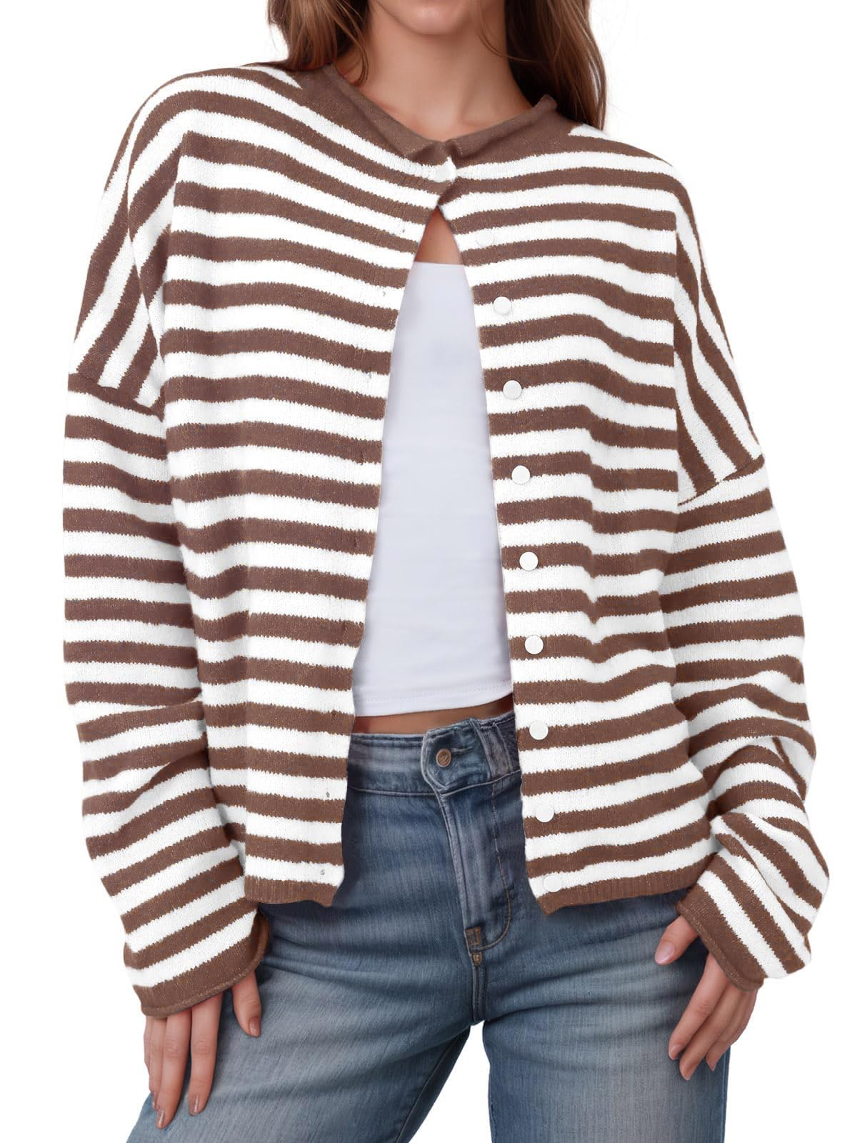 Womens Striped Cardigan Sweaters Casual Trendy Open Front Long Sleeve Button Down Lightweight Knit Fall Sweater