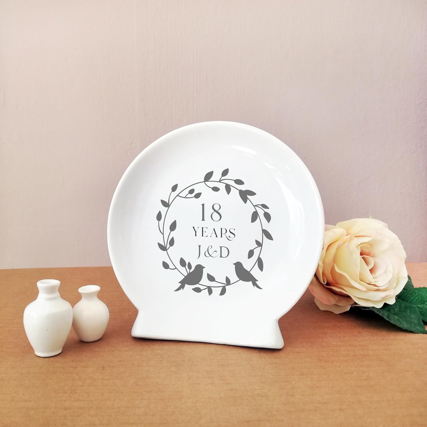 18th Anniversary Porcelain Ceramic Keepsake Plate, 5.5 Inches, Personalized Engraved 18 Years Wedding Commemorative Gift with Monogram Design for her or him, Wife Husband, Couple