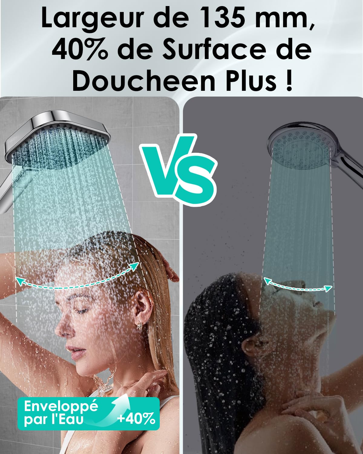 Pommeau de Douche Economie Deau, Anti Calcaire Douchette【Silicone de Qualité Alimentaire】【Économique 43% - 7,3 l/min】, Haute Pression, Douchette Grande 135 mm, 3 Modes de Jet, Chrome (sans tuyau)