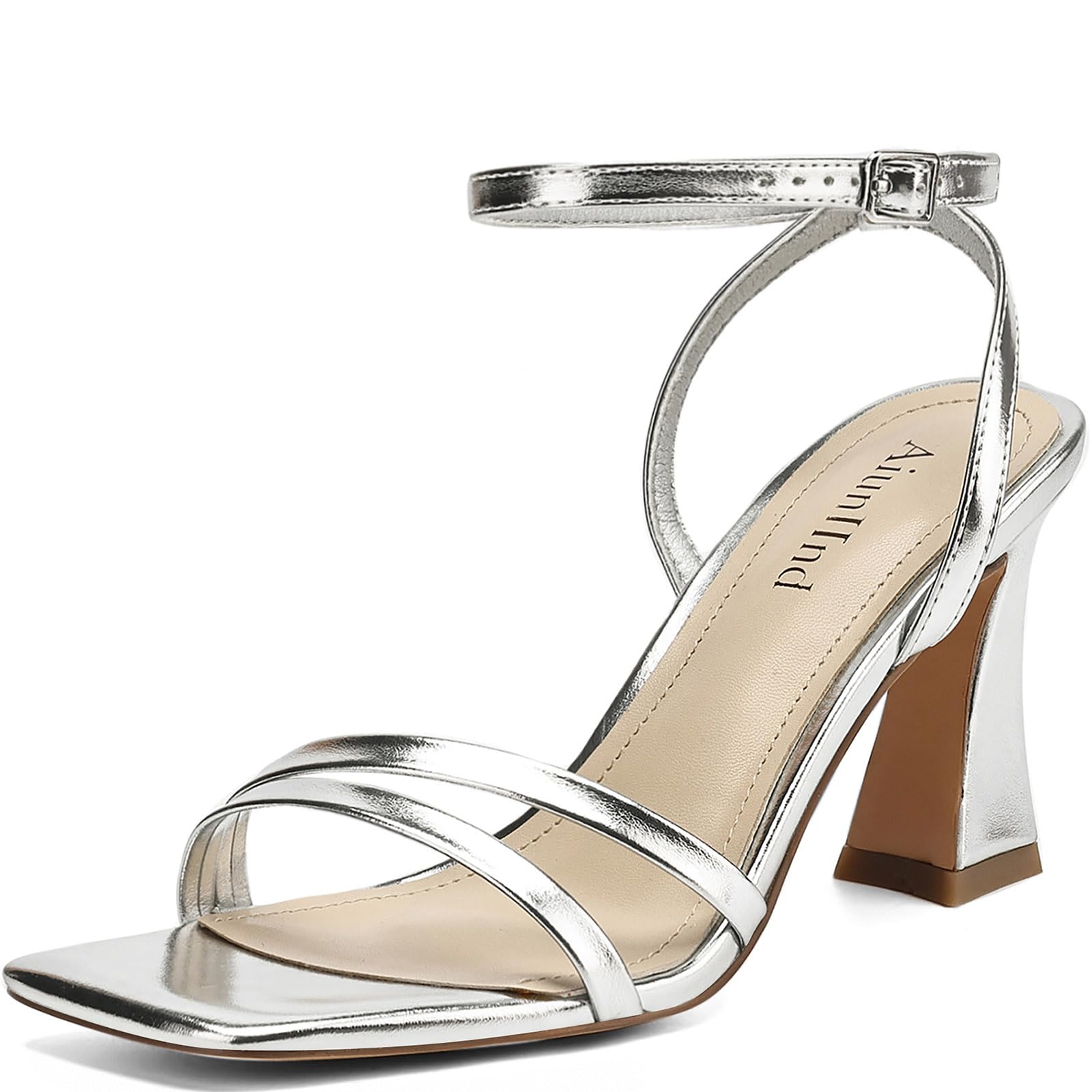 AIUNIIND Heeled Sandals for Women Chunky Block High Heels Square Open Toe Sandals with Ankle Strap 3 Inch Dress Heels Comfortable