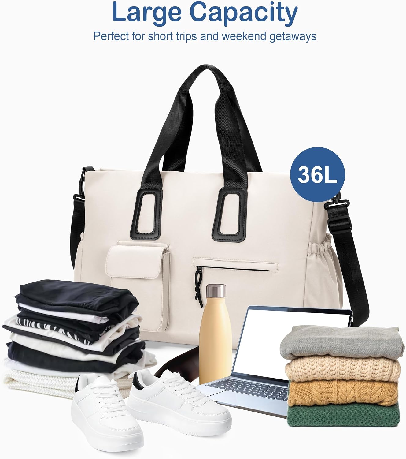 Travel Duffel Bag for Men & Women, Waterproof Overnight Weekender Gym Tote Carry On Luggage with Wet Pocket (Beige)