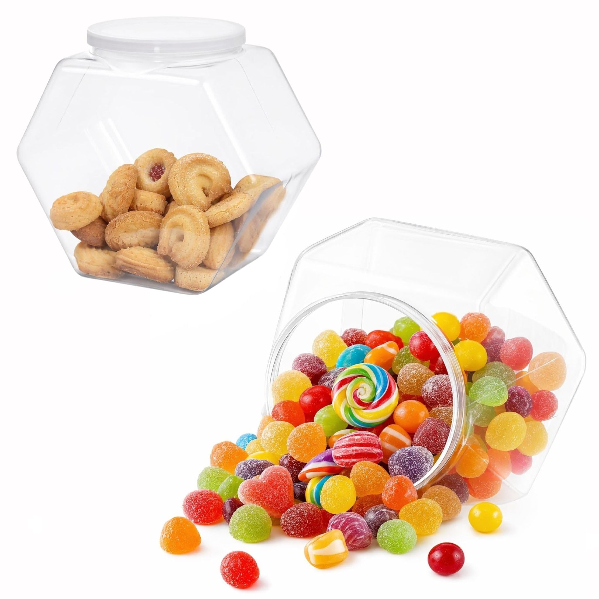 2Pcs Hexagon Candy Jar with Lid, Clear Plastic Sweet Jars Cookie Container
