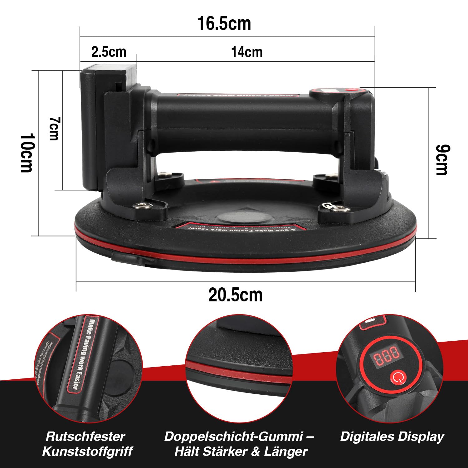 Sollevatore vuoto elettrico da 8 pollici con display digitale – 200 kg di capacità di carico 2 batterie, ricarica automatica, per vetro, piastrelle, piastre, mobili, valigetta inclusa