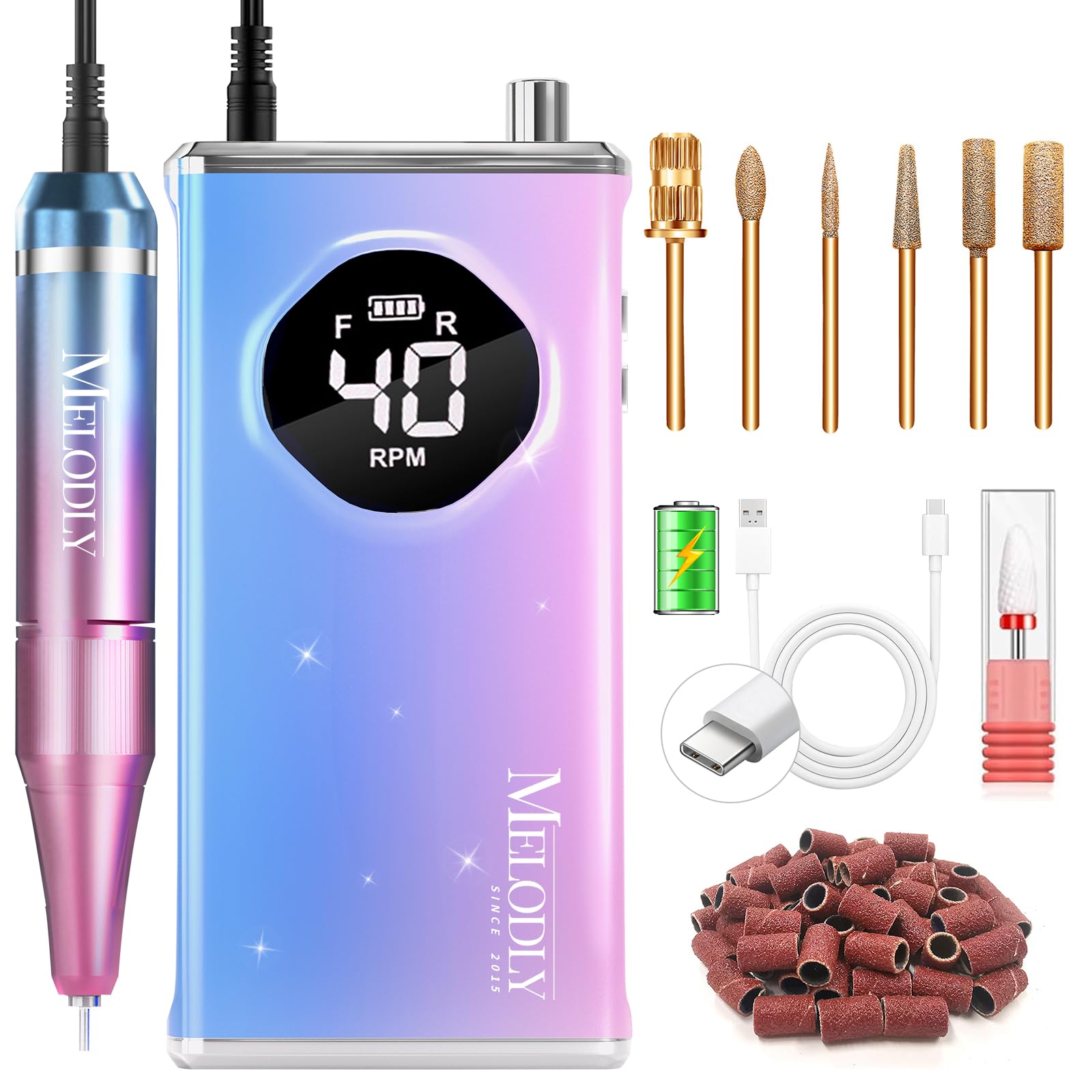electric nail drill file professional 40000 rpm, melodly rechargeable electric nail file machine kit for acrylic gel nails polishing removing, portable cordless efile with gold bits at salon home
