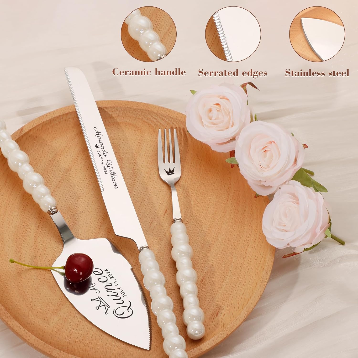 Personalized Cake Cutting Set with Forks, Pearl Cake Knife and Server Set Stainless Steel Serrated Edges, Silver Pie Cutter Pizza Spatula, Gift for Bridal Wedding Engagement Birthday