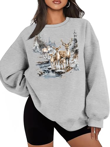 NEWWEN Deer Wilderness Scene Vintage Sweatshirt Women Oversized Nature Camp