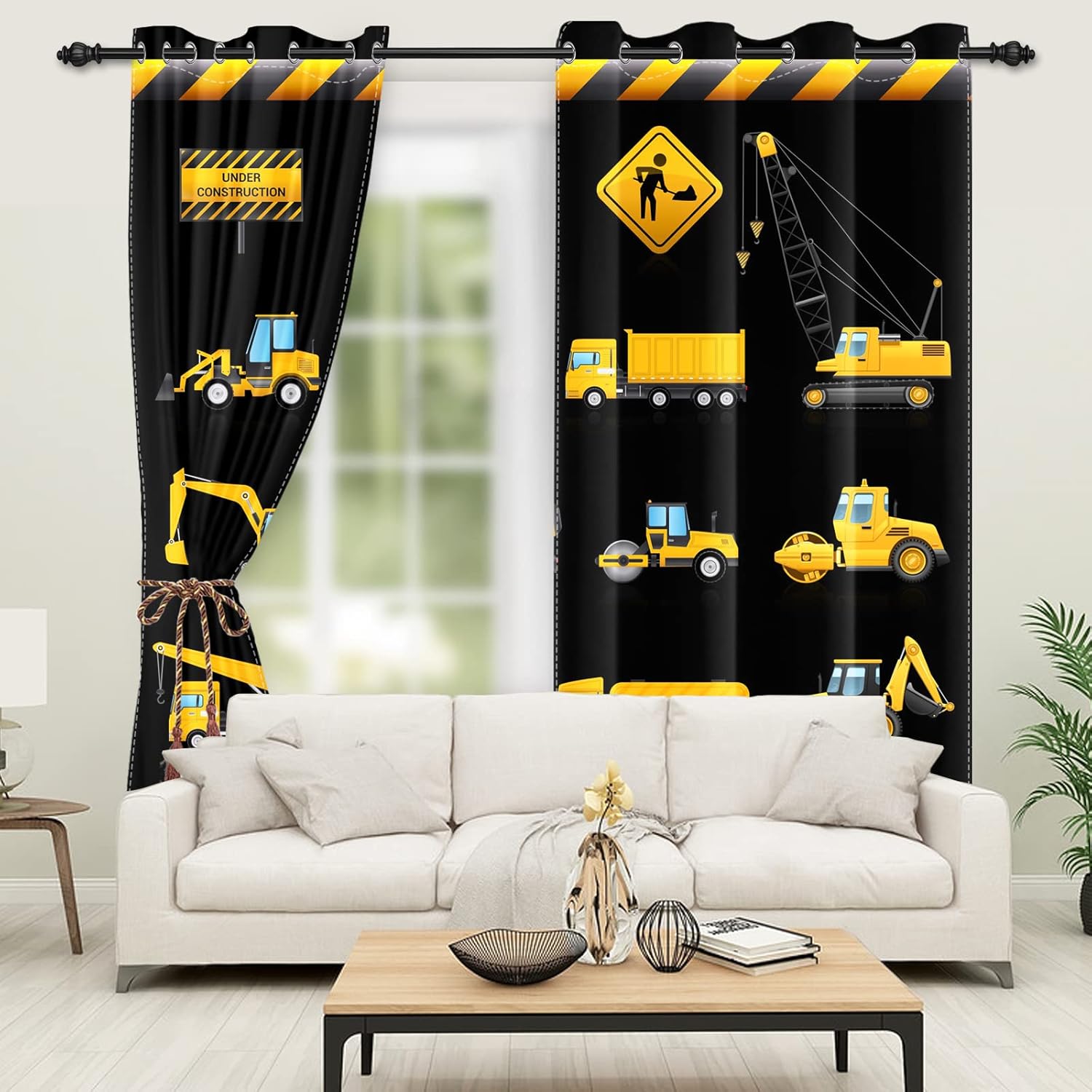 Under Construction Themed Blackout Curtains Cartoon Yellow Excavator Tractor Truck Curtain Room Darkening Window Grommet Top Curtain for Boys Kids Nursery Bedroom Decor, 21x45 inches