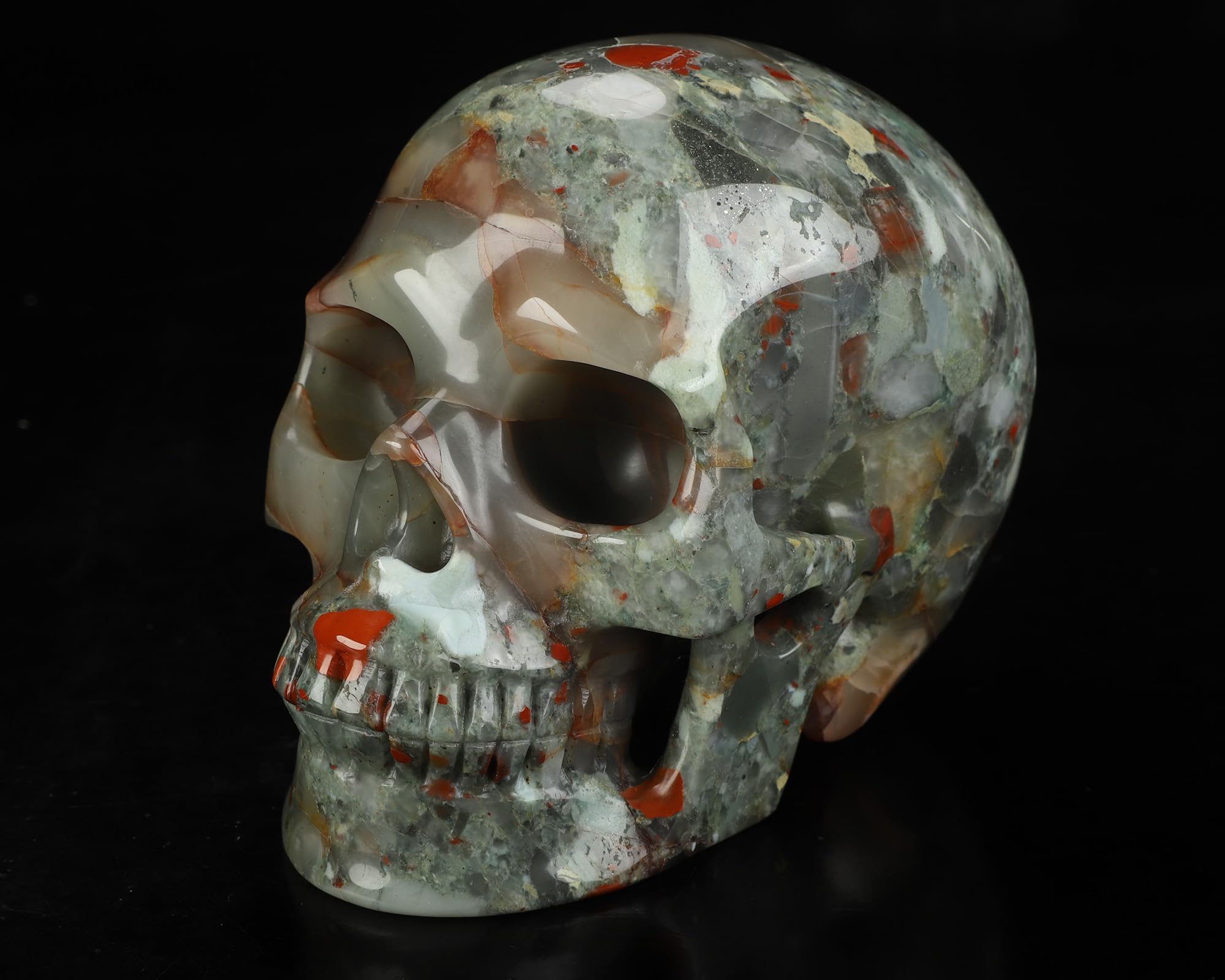 Skullis 5.0”African Bloodstone Crystal Skull, Hand Carved Gemstone Fine Art Sculpture, Reiki Healing Stone Statue
