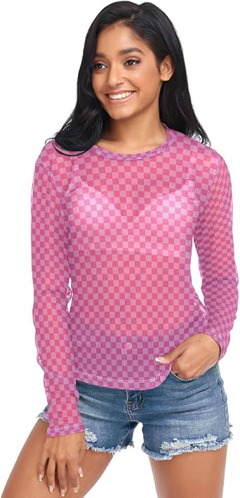 J JOYSAY Pink Checkered See Through Tops for Women Mesh Sheer Tops Long Sleeve Women Blouse