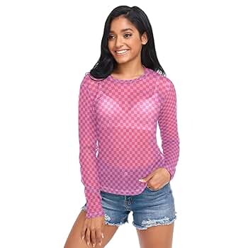 J JOYSAY Pink Checkered See Through Tops for Women Mesh