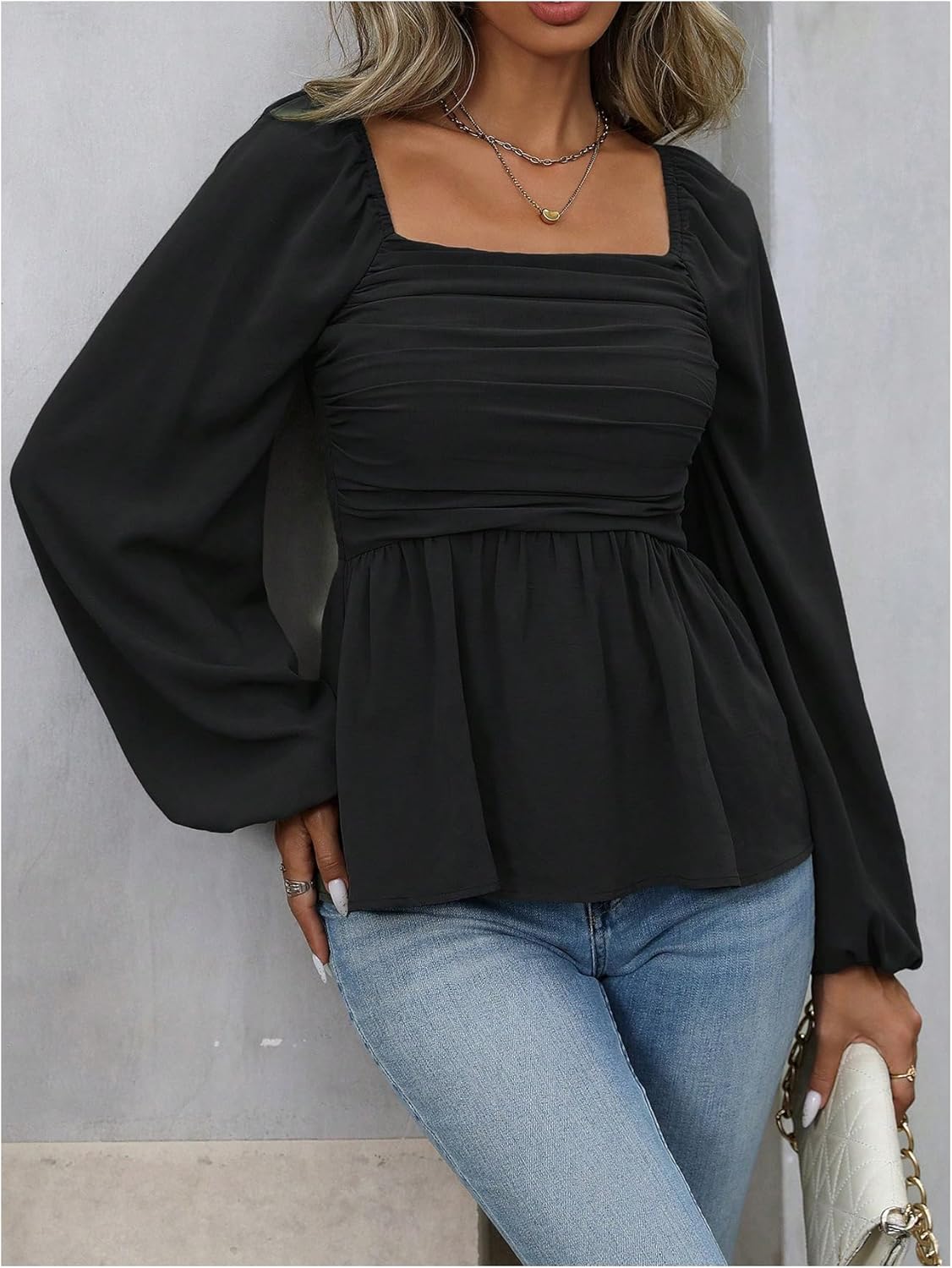 Floerns Women's Bishop Long Sleeve Ruched Square Neck Ruffle Hem Peplum Blouse Top - Image 5