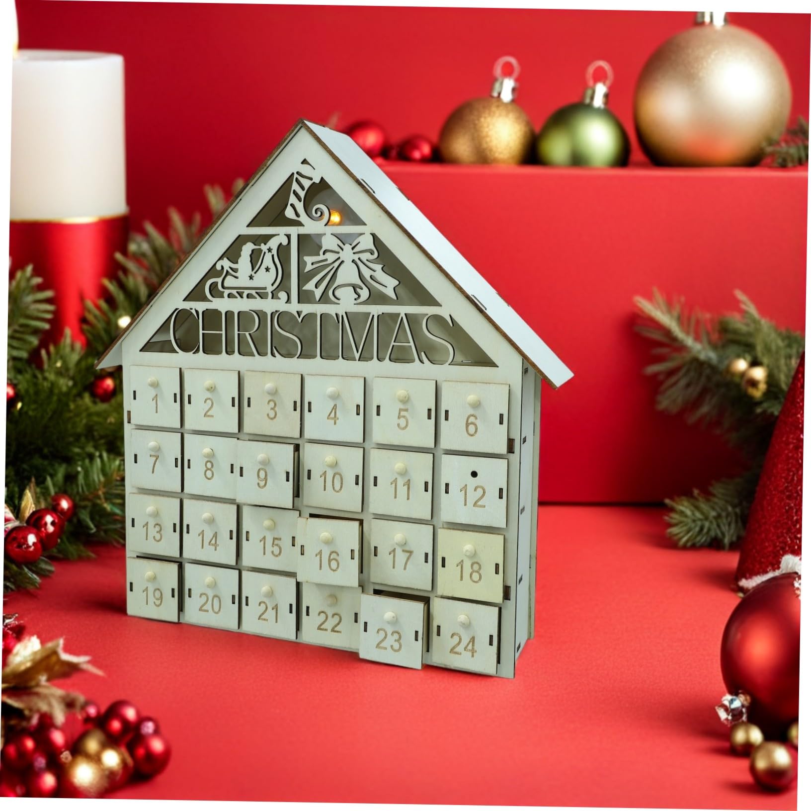 Calendario de Adviento de Navidad de madera con cajones iluminados por LED, reutilizable, rústico, decoración de cuenta regresiva para la familia, bricolaje, festivo, cálido, Navidad, aldea