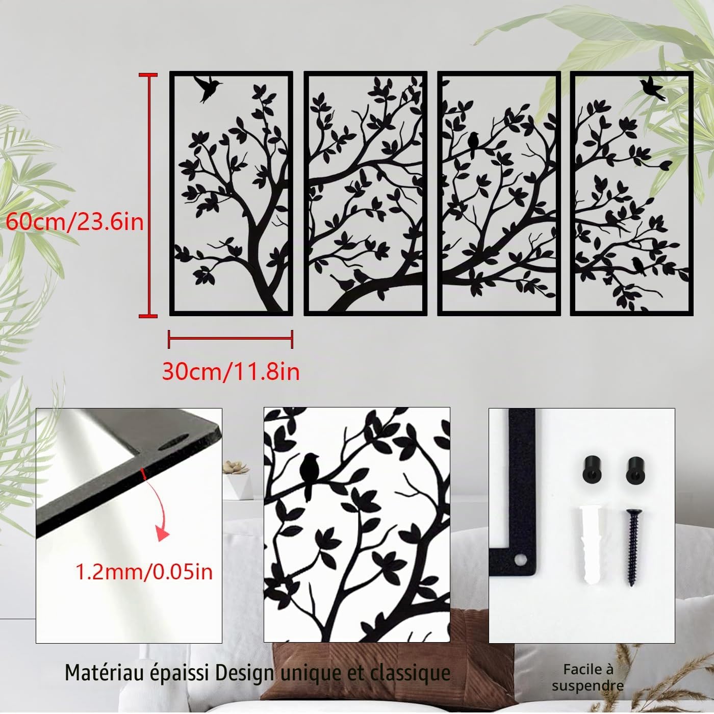 Pduoduo Arbre De Vie En Métal,arbre de vie 4 panneaux,Arbre de Vie Decoration Murale,Pour Bureau, Chambre à Coucher, Salon, Décoration extérieure, Grand(11.8" in x 23.6" in/ 30 x 60 cm)