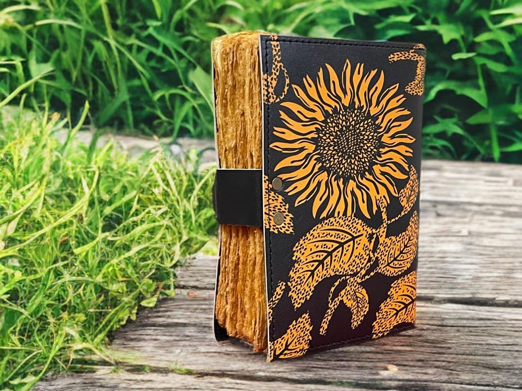 vintage sunflower leather journal Writing notebook embossed beautiful daily use book of shadows blank yellow with black unlined travel sketchbook with lock diary gift for women 7x5 inch