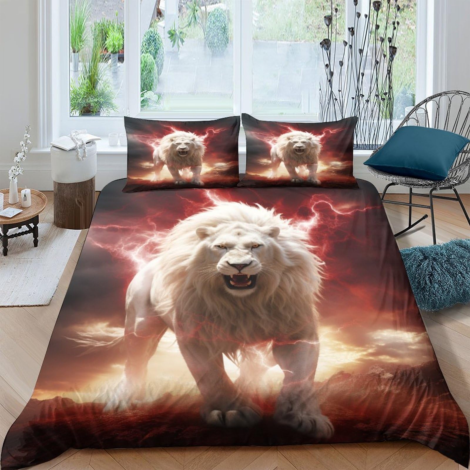 Parure de lit lion 3D housse de couette microfibre King 220x240
