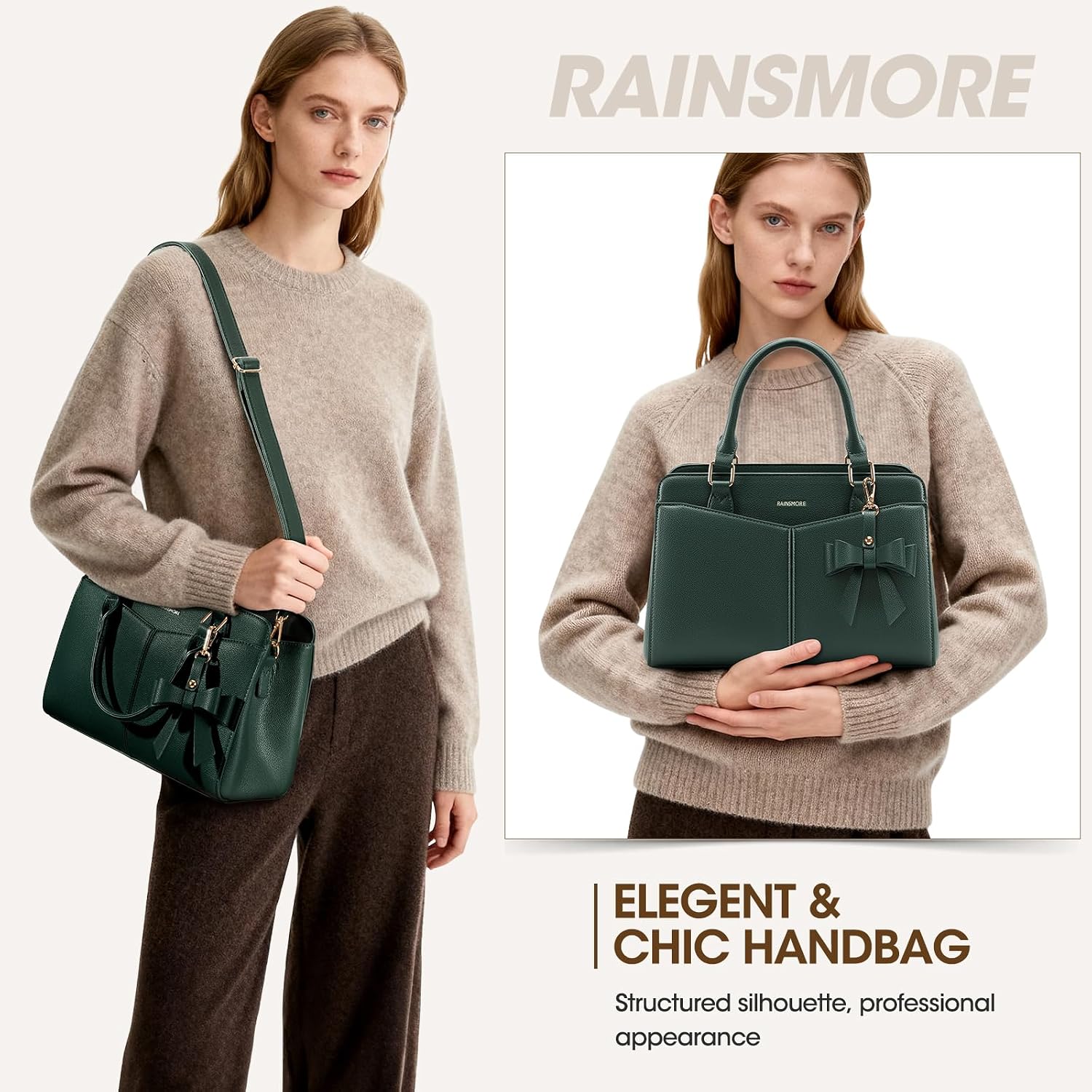 RAINSMORE Purses for Women Satchel Purse, PU Leather Structured Work Handbag with Bowknot and Shoulder Strap, Fits 11'' iPad