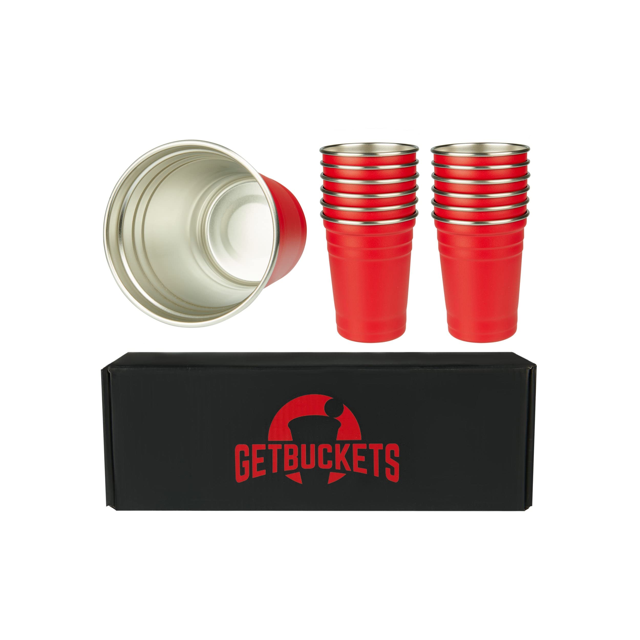 GetBuckets® Lot de 12 gobelets à bière pong - Passe au lave-vaisselle - Dimensions d'origine et en acier inoxydable - 473 ml.