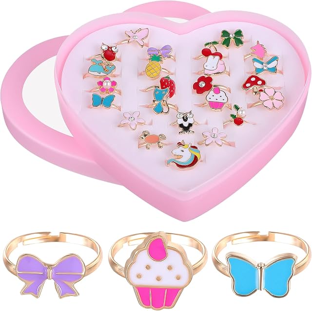 Toddmomy 24pcs Little Girl Adjustable Rings with Box,Children Jewelry Rings Set Girl Pretend Play Rings and Dress up Rings for Kids Birthday