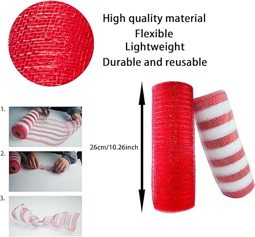 Miniatura 2 de Cinta de malla, suministros de corona de malla decorativa, malla decorativa roja y blanca de 10 pulgadas, malla navideña para hacer coronas, lazos,