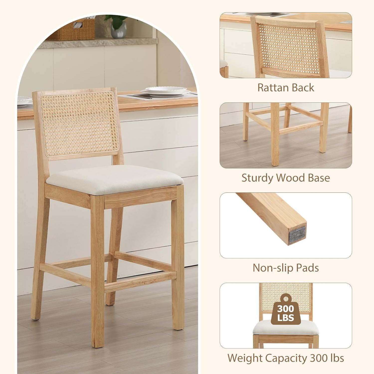 Rattan Counter Height Bar Stools Set of 4, 25.6'' Modern Counter Stools with Cane Back, Mid Century Bar Chairs for Kitchen Counter/Home Bar/Restaurant, Cream