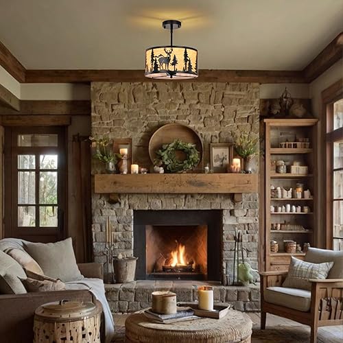 Miniatura 3 de Lámpara de techo rústica semiempotrada, lámpara de metal pergamino de granja con diseño de oso de ciervo, 3 luces industriales negras para comedor,