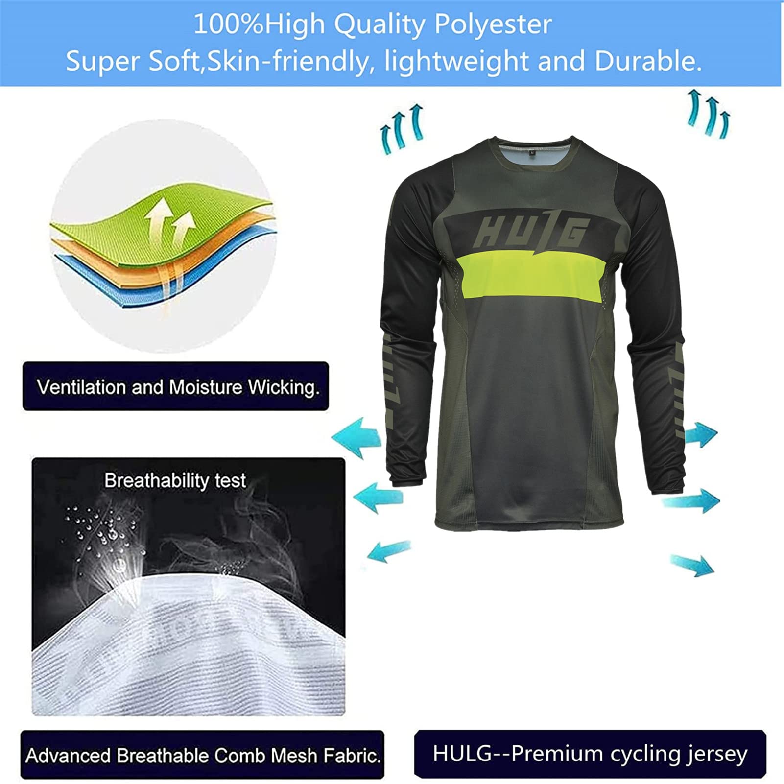 HULG Magliette da Ciclismo da Uomo, T-Shirtlungo, Top Abbigliamento Maglie da Ciclismo,Camicia da Mountain Bike/MTB,Traspirante E Assorbente dal Sudore, Asciugatura Rapida