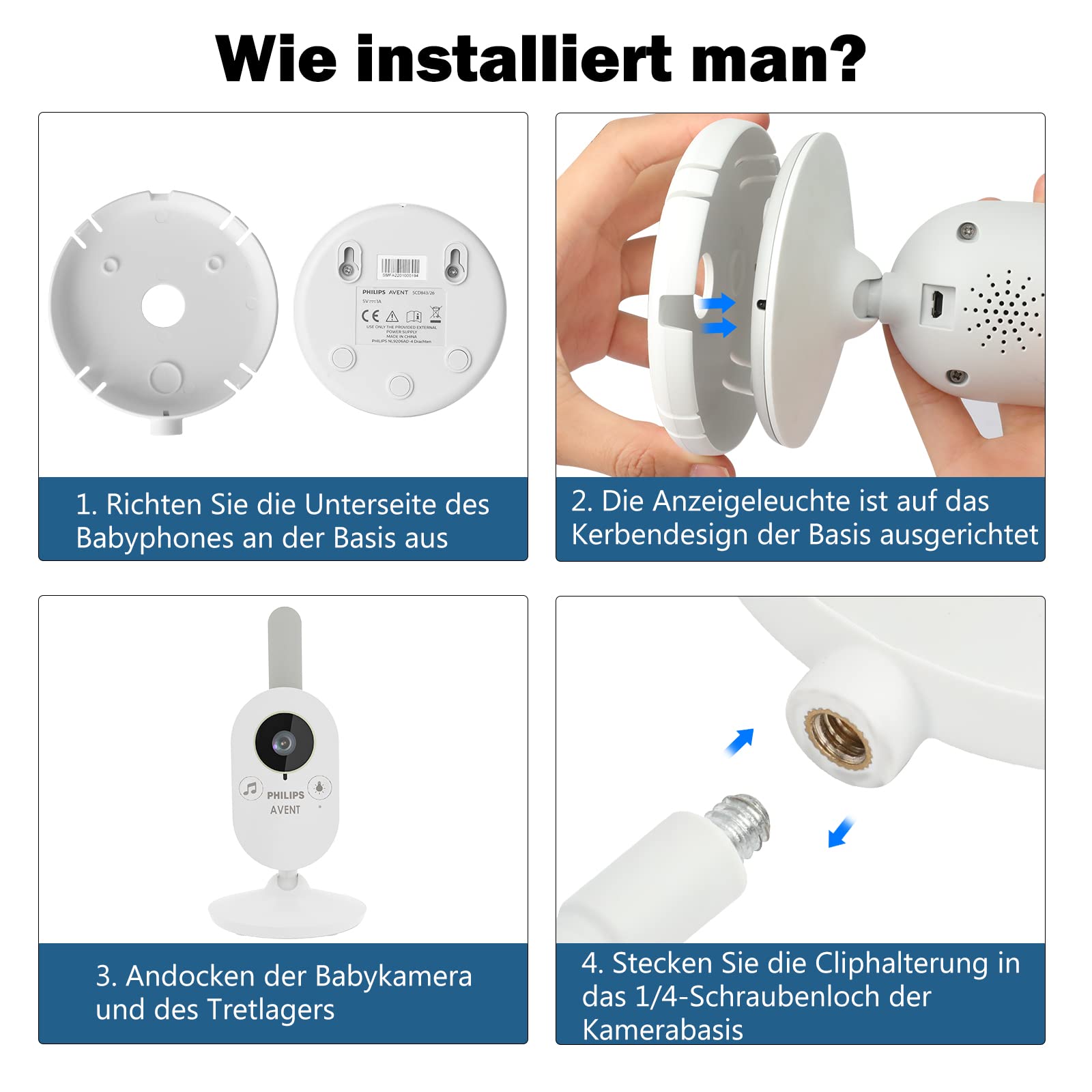 Supporto per baby monitor video per Philips Avent Babyphone SCD843/26, SCD833/26, SCD630/26, adatto per tavoli e culle con uno spessore inferiore a 4,5 cm (supporto a clip)