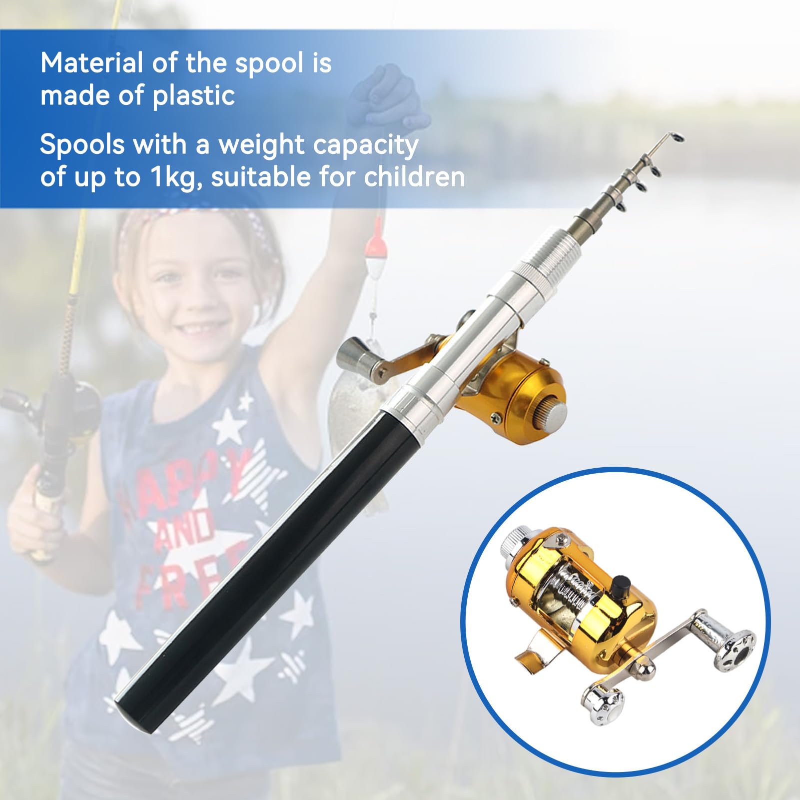 Cadeau Pêcheur Débutant Canne à Pêche Télescopique Mini - 20.5cm à 100cm, Bobine Combo, Portable Poche Stylo Pêche Pocket