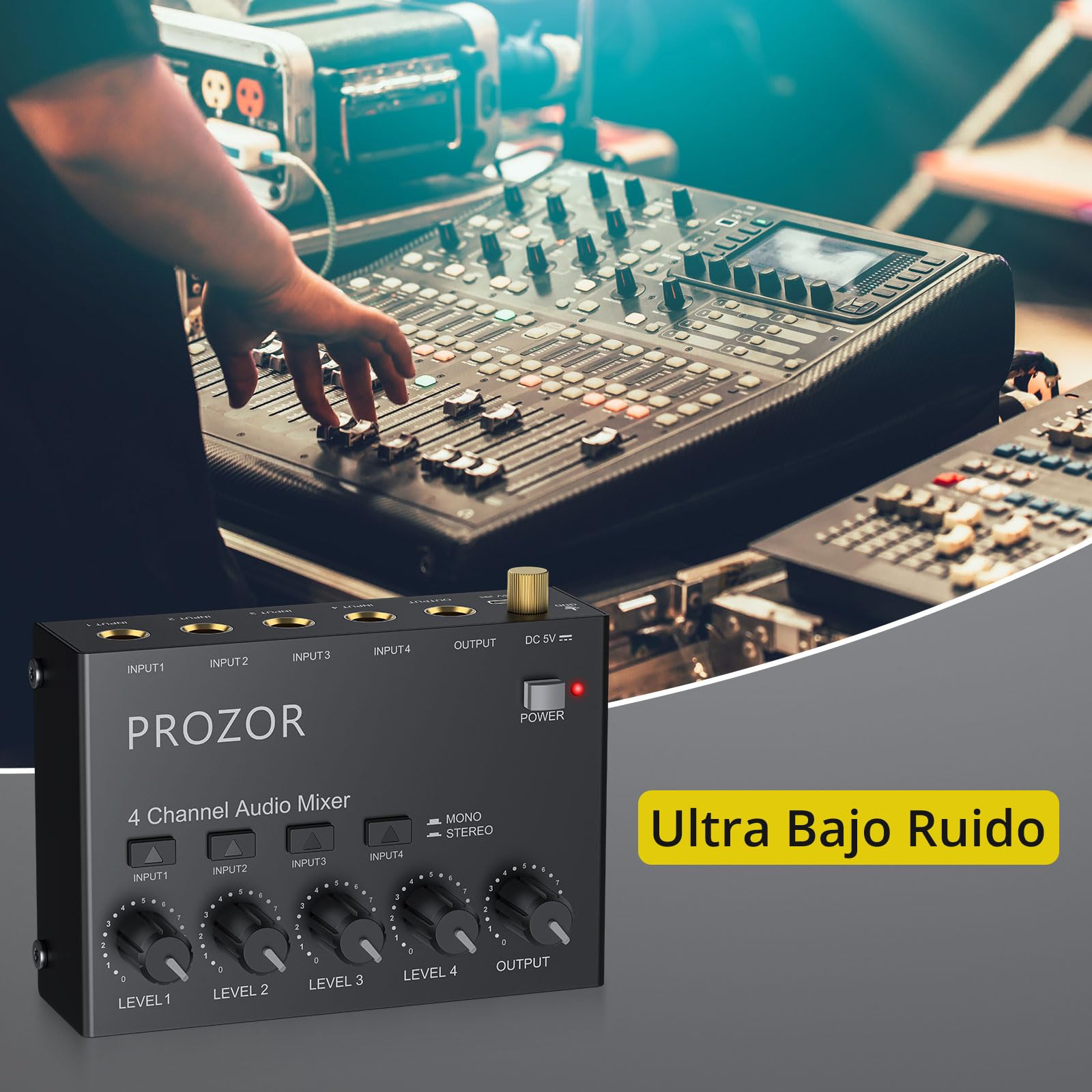 PROZOR Mezclador Audio 4 Canales Compacto USB-C - Control Volumen Independiente, 4 Entradas/Salidas 6,35mm, Interruptor Estéreo Mono, Bajo Ruido para Micrófono Guitarra Bajo DJ Streaming Grabación