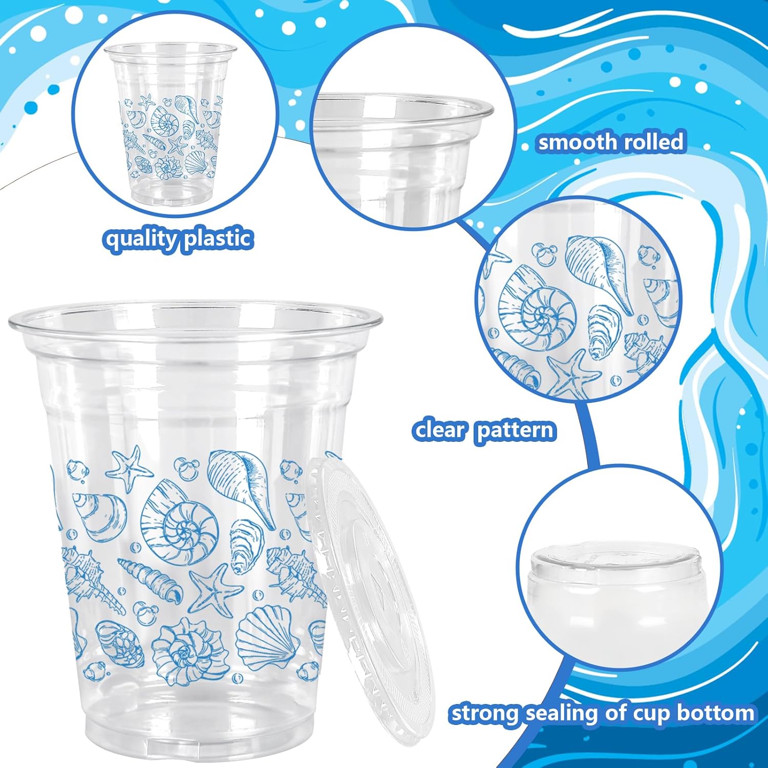 50Pcs 12Oz Blue Ocean Plastic Cups with Lids & Straws Seashell Starfish Disposable Clear Drinking Cups for Summer Beach Party Supplies - Image 3