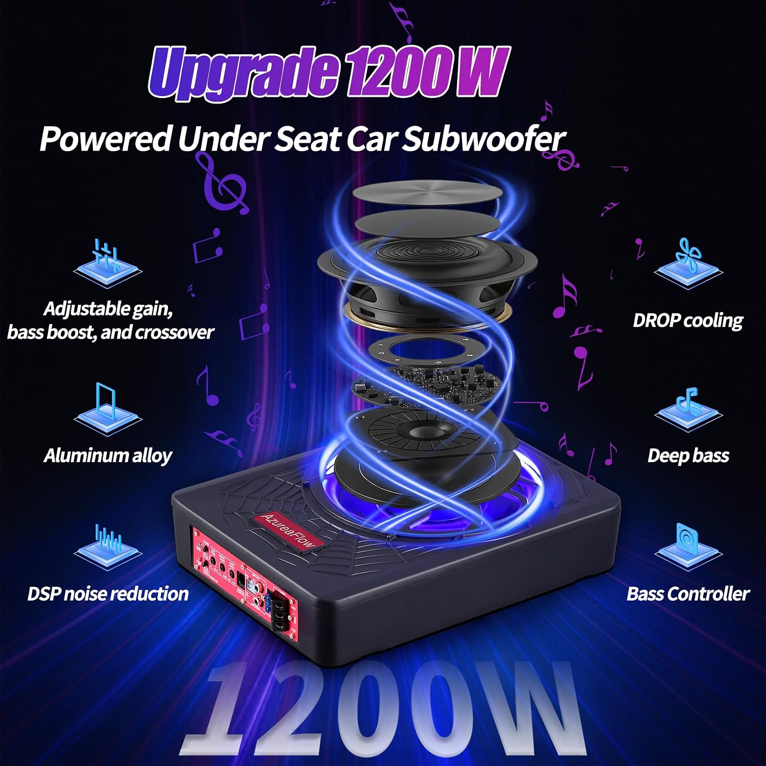 𝙐𝙥𝙜𝙧𝙖𝙙𝙚 10" 1200W Slim Under Seat Car Subwoofer with Amp and Blue LED Lights, Enhanced Bass and Superior Heat Dissipation, Fit Truck SUV Jeep MPV for Passionate Driving, 1-Yr Service