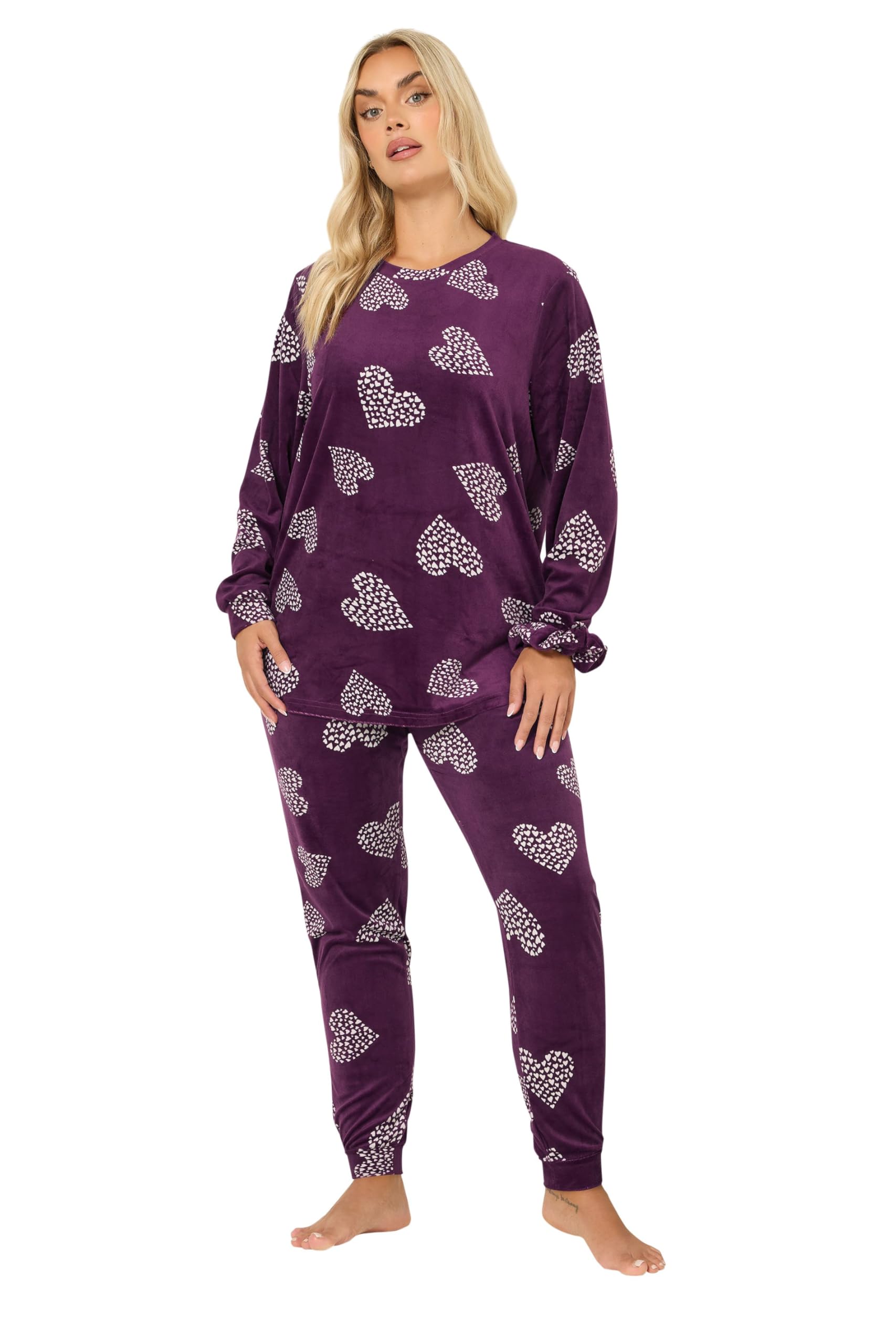Yours Women's Burgundy Curve Set Red Heart Print Fleece Pyjama & Scrunchie - Plus Size Curve