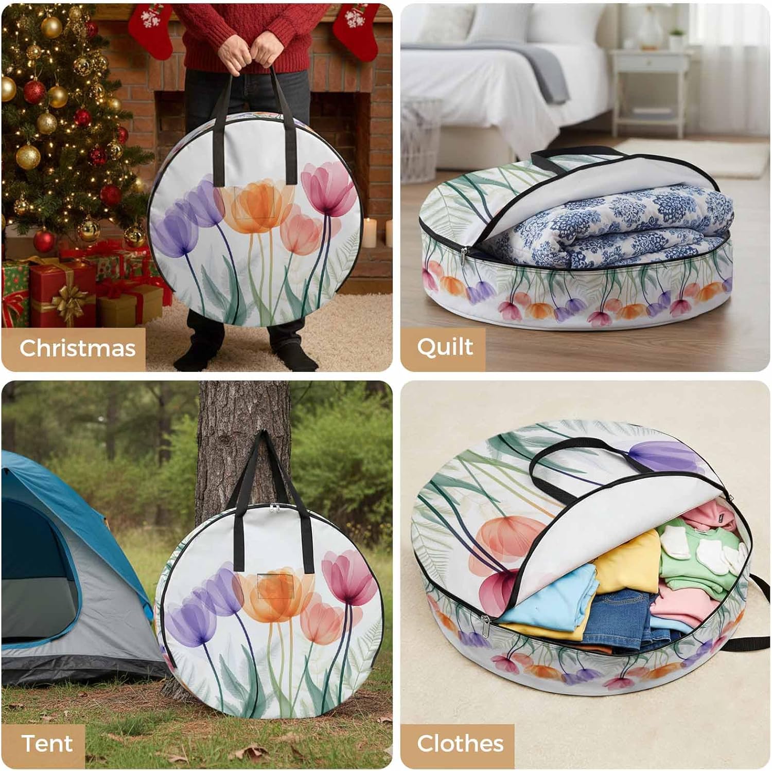Spring Orange Round Storage Bag 36 Inch, Purple Red X-ray Tulips Flower Leaf Clothes Storage Container with Handles Heavy Duty Organizer for Comforter, Bedding & Holiday Wreaths