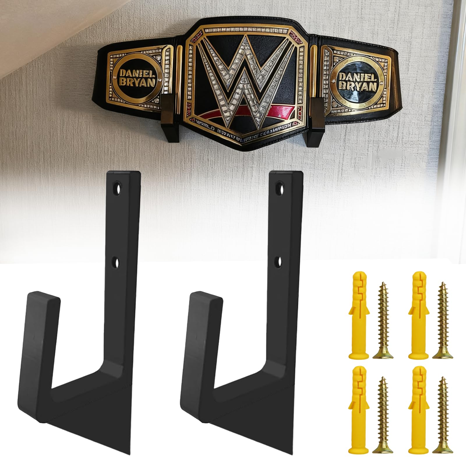 Agamino Wrestling Championship Belt Holder Wall Mount for WWE & AEW Belts, Heavy Duty Horizontal Display Organizer with Bottom Support for All Wrestling Title Belts, Perfect for Fans and Collector