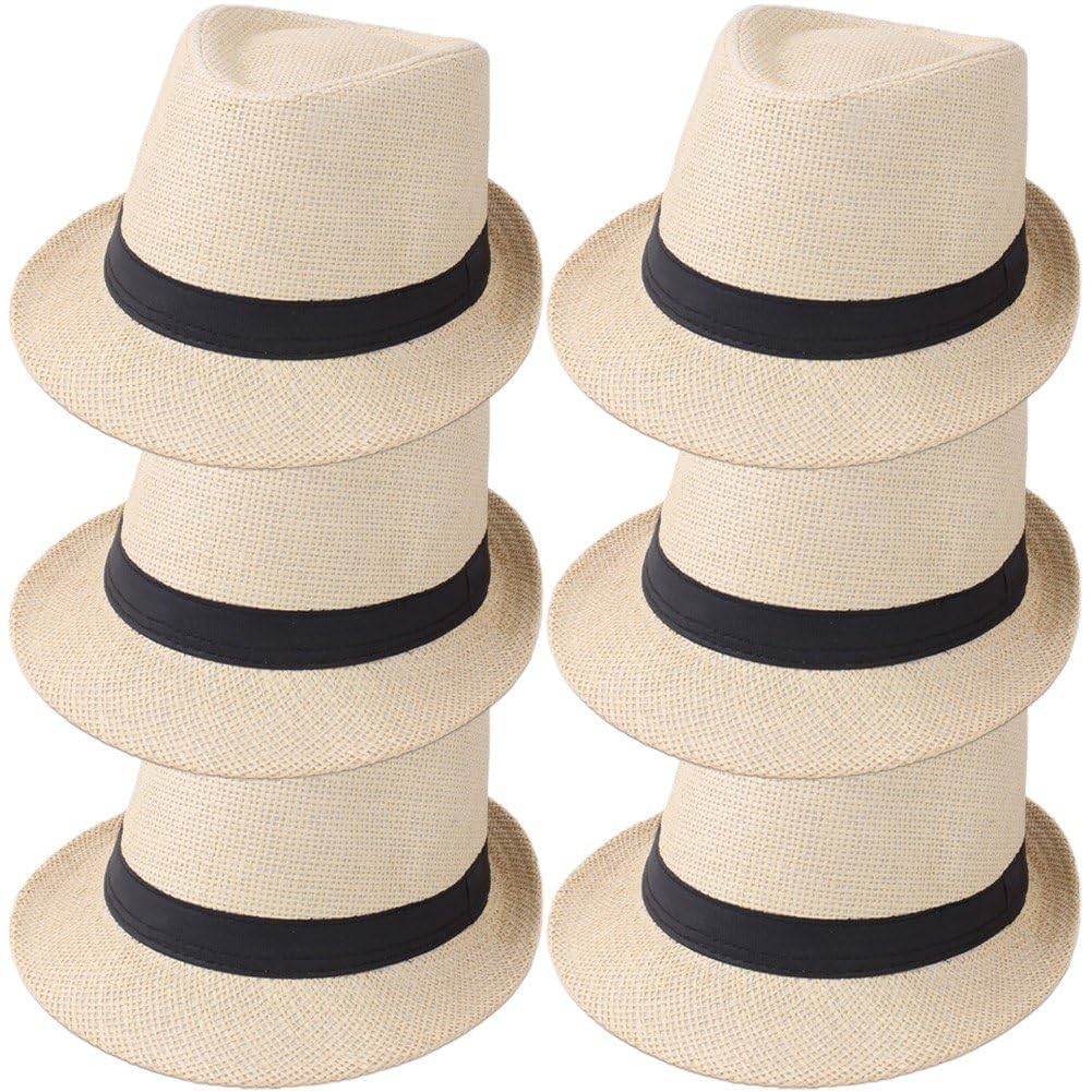 Chapeaux Fedora en Paille À Bord Court, Chapeaux De Panama Unisexes, Casquette De Jazz, Chapeau De Plage, Cadeau De Fête De Mariage pour Les Invités, 6 Pièces/Ensemble
