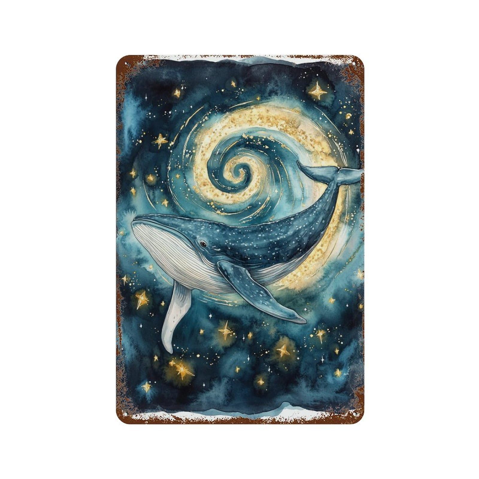 Rust Effect Whale in Cosmic Spiral Rusty Metal Tin Sign 11.8"x7.9", Decorative Metal Wall Art for Farmhouse, Kitchen And Entryway Decor