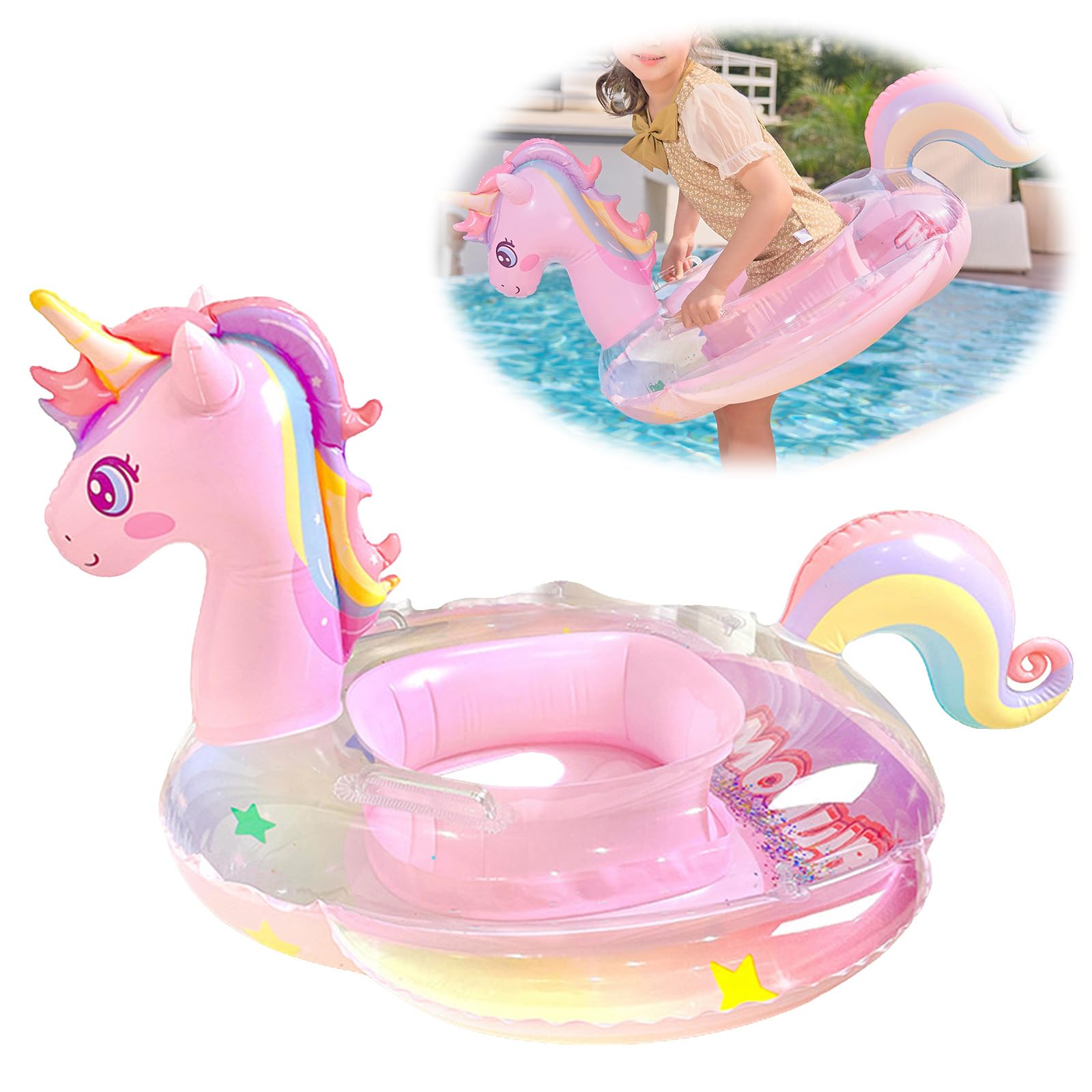 Falafoty Baby Swimming Float with Safety Seat and Handle, Unicorn Inflatable Swim Ring Pool Float for Kids Inflatable Float Raft Bathing Toy Pool Accessories Summer Beach Water Sport Toy (Pink)