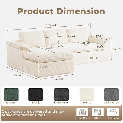 Vista 2 de Sofá seccional de 105 pulgadas en forma de nube. Sofá seccional modular moderno con asiento profundo - Sofá seccional cómodo de 3 plazas