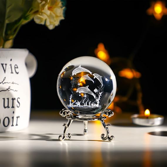 ZEERSHEE 60mm Crystal Ball with Stand 3D Glass Laser Dolphin Decorative Figurines Paperweight for Women