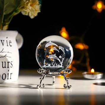 ZEERSHEE 60mm Crystal Ball with Stand 3D Glass Laser Dolphin Decorative Figurines Paperweight for Women
