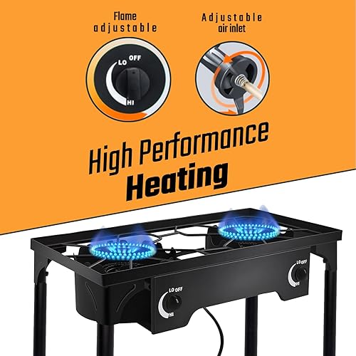 Miniatura 4 de Estufa de gas propano de 2 quemadores, cocina de campamento al aire libre de 150,000 BTU con patas extraíbles, regulador y manguera de 0 a 20 PSI,