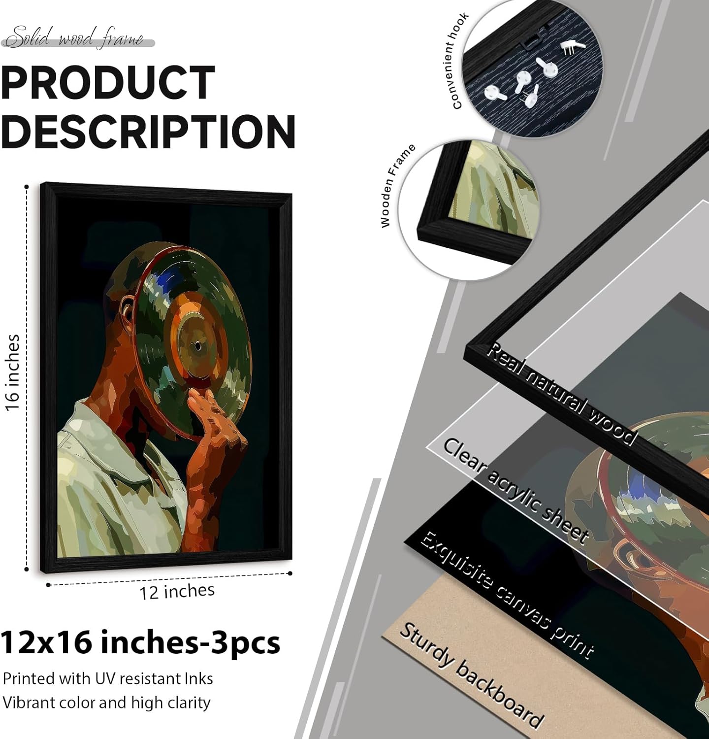 Black Man Wall Art African American Men Canvas Wall Decor Black People Dj Poster Hip Hop Prints Music Pictures Fashion Male Artwork Culture Painting for Bedroom Living Room 12x16x3 Inch Wood Framed