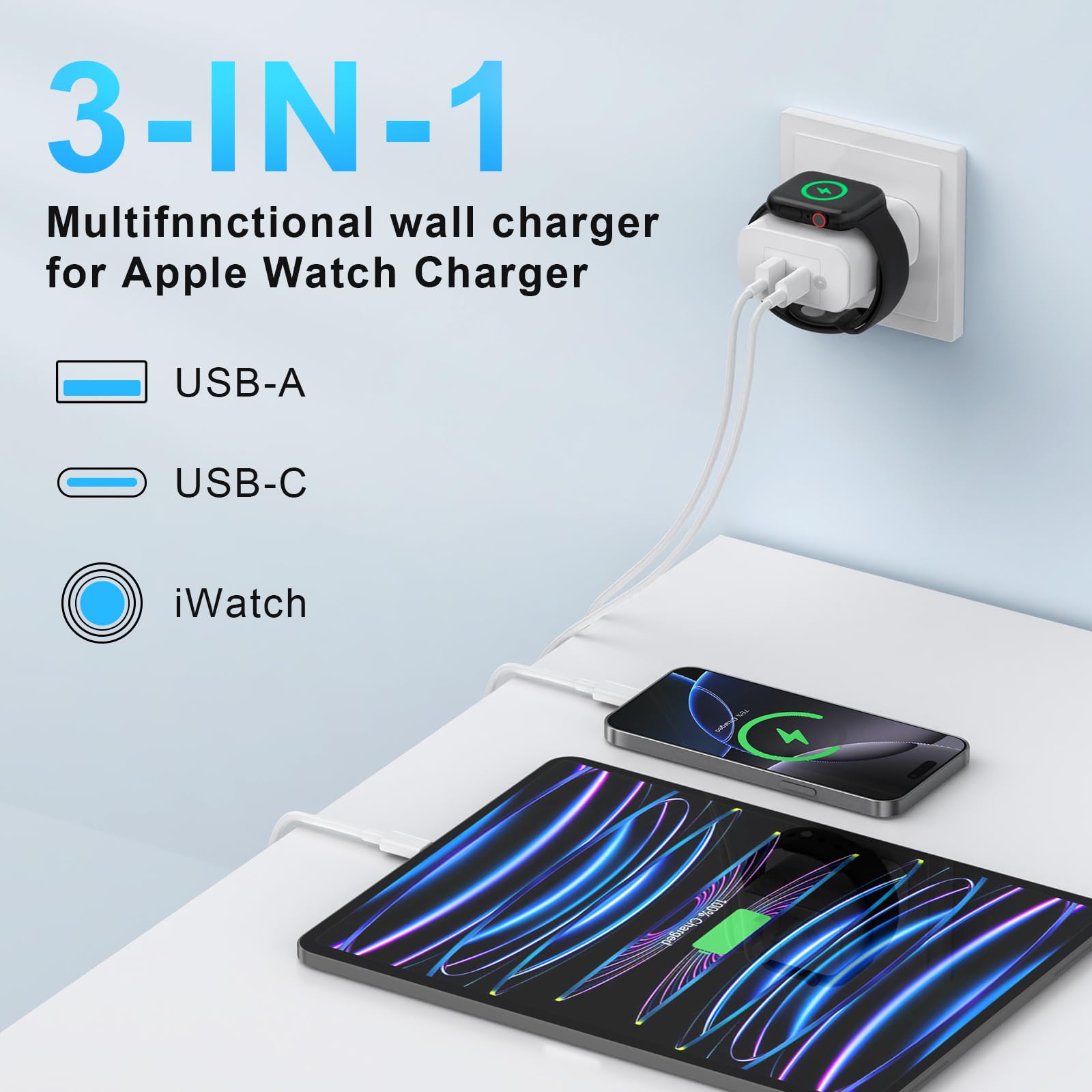 Apple Watch Charger [Apple MFi Certified], 3 in 1 USB C Portable Wall Fast Charging Block, 23W Dual Ports with Magnetic Wireless Charging for iWatch Series 10/9/8/7/6/SE/5/4/3/2/1/Ultra, iPhone