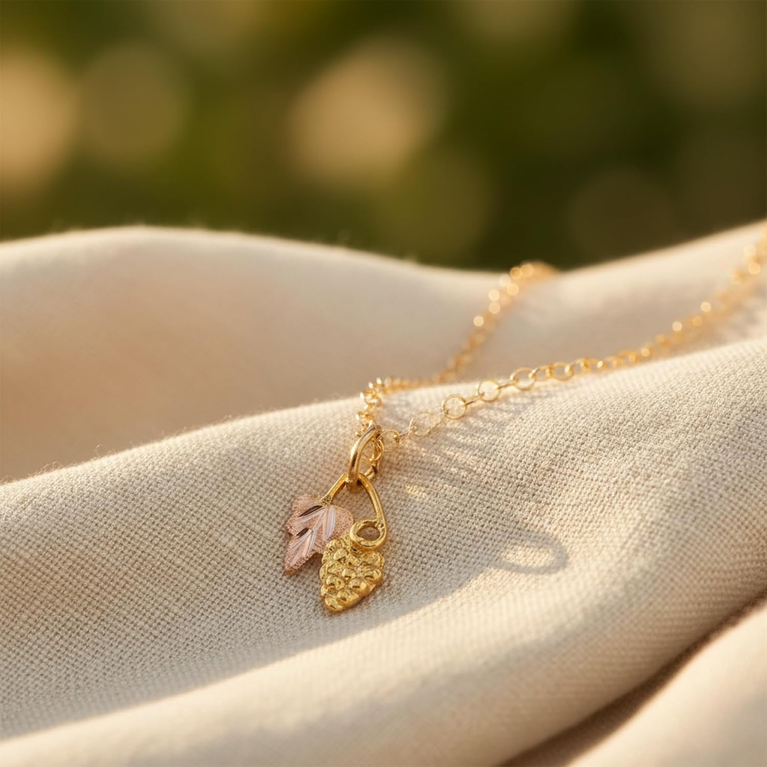 Grape Cluster & Leaf Drop Pendant Necklace, 10k Yellow Gold with 12k Rose Black Hills Gold, 18" Ideal Gift for Birthdays & Special Occasions