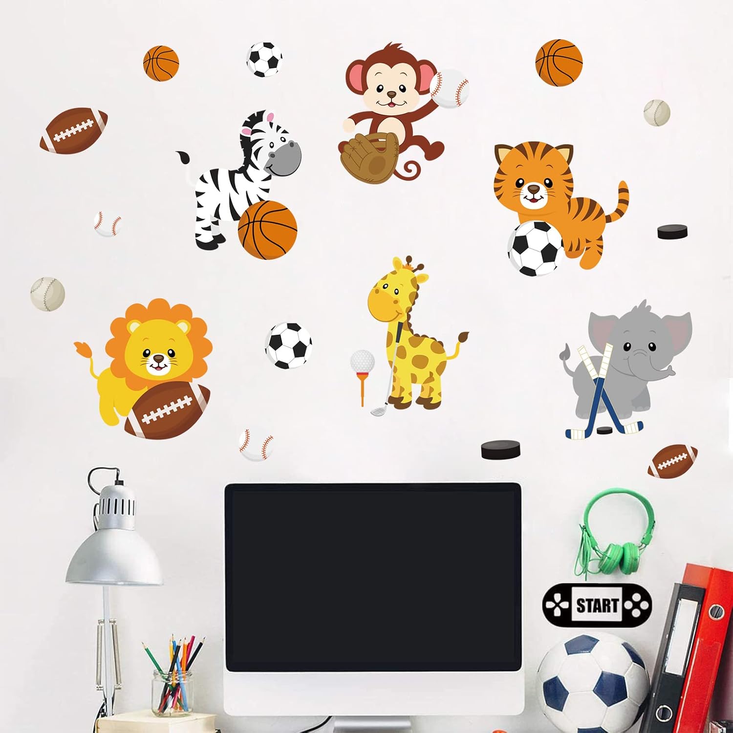 Supzone Cartoon Animal Sport Wall Decals - Sports Balls, Jungle Monkey Lion Giraffe DIY Vinyl Wall Art Stickers for Kids Baby Nursery Playroom Bedroom Girls Boy Room Decor